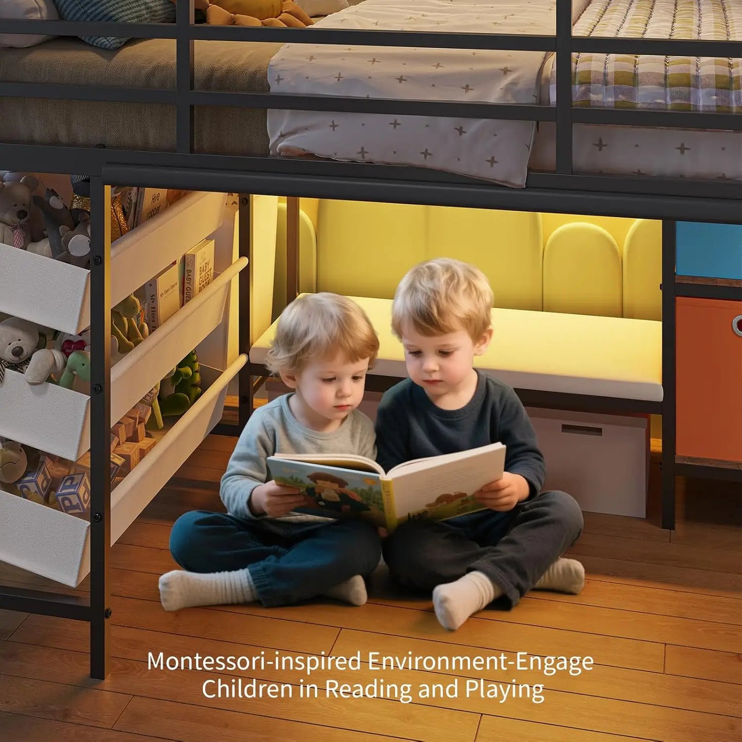 Twin Loft Bed With Reading Corner And LED Lights Guardrail