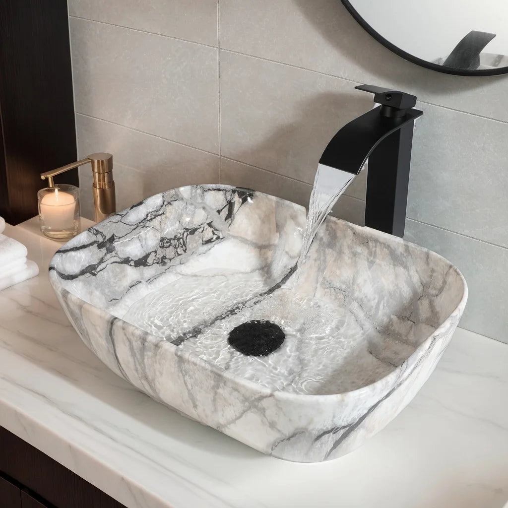 MEKKHALA Marble Pattern Ceramic Bathroom Vessel Sink Set Shape Basin