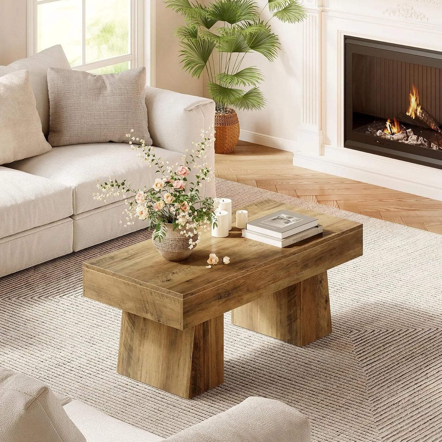 Little Tree Farmhouse Coffee Table Wooden Rectangular Center Table