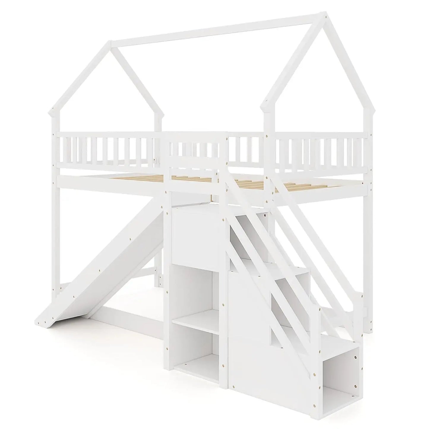 Wood Twin Over Twin Bunk Bed With Slide And Staircase