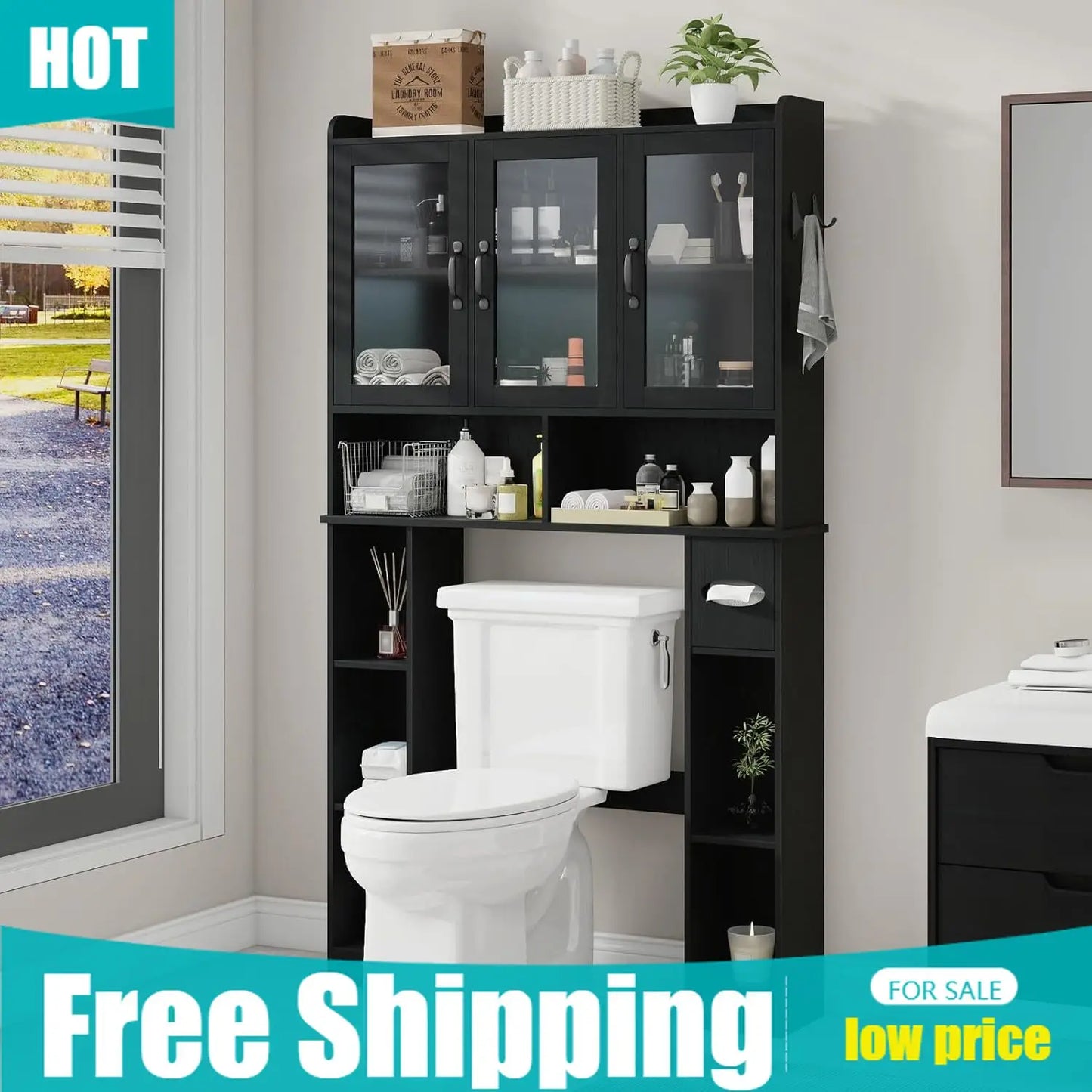 Space Saving Over Toilet Storage Rack With Adjustable Glass Doors
