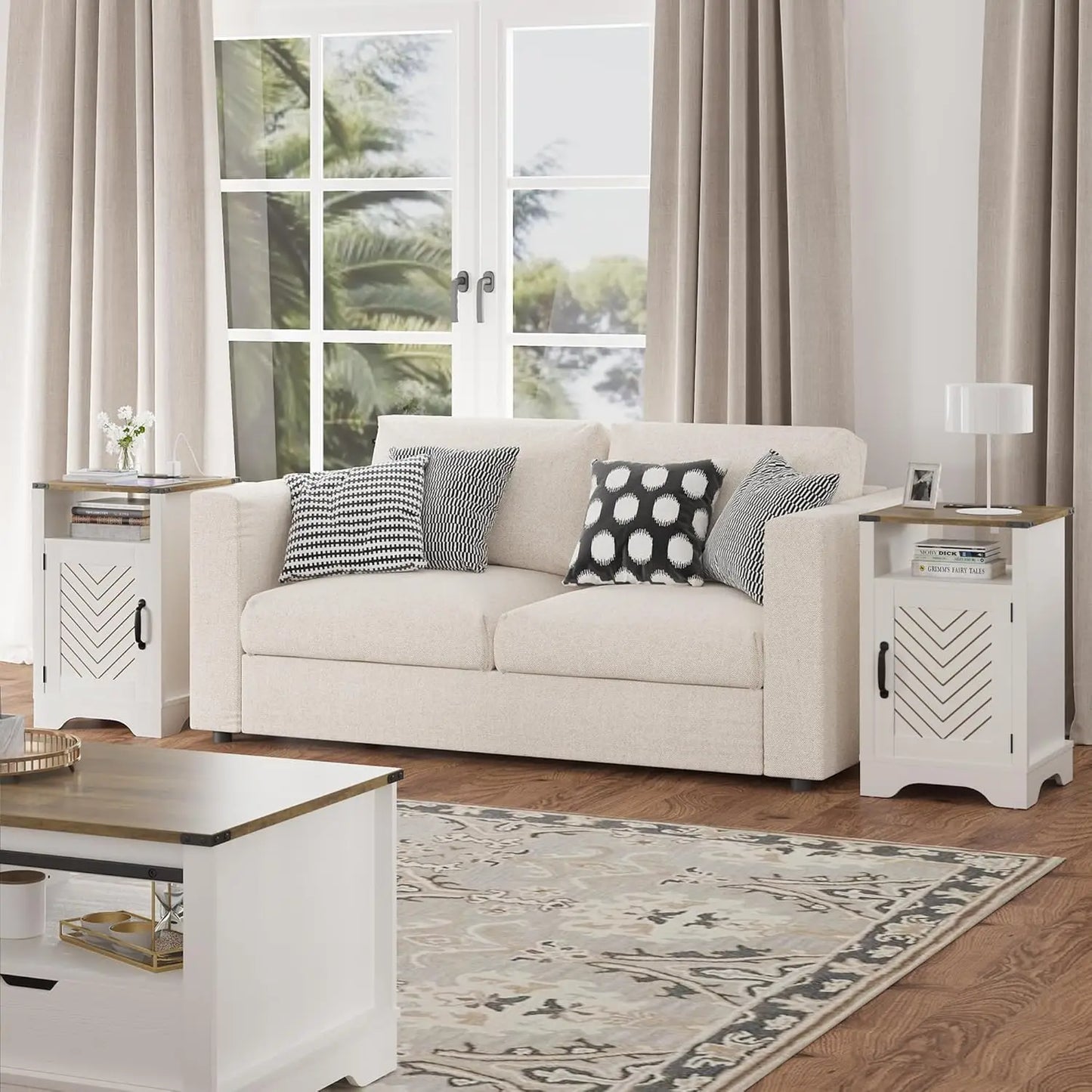 Farmhouse Nightstand Set Of 2 With Charging Station And Storage