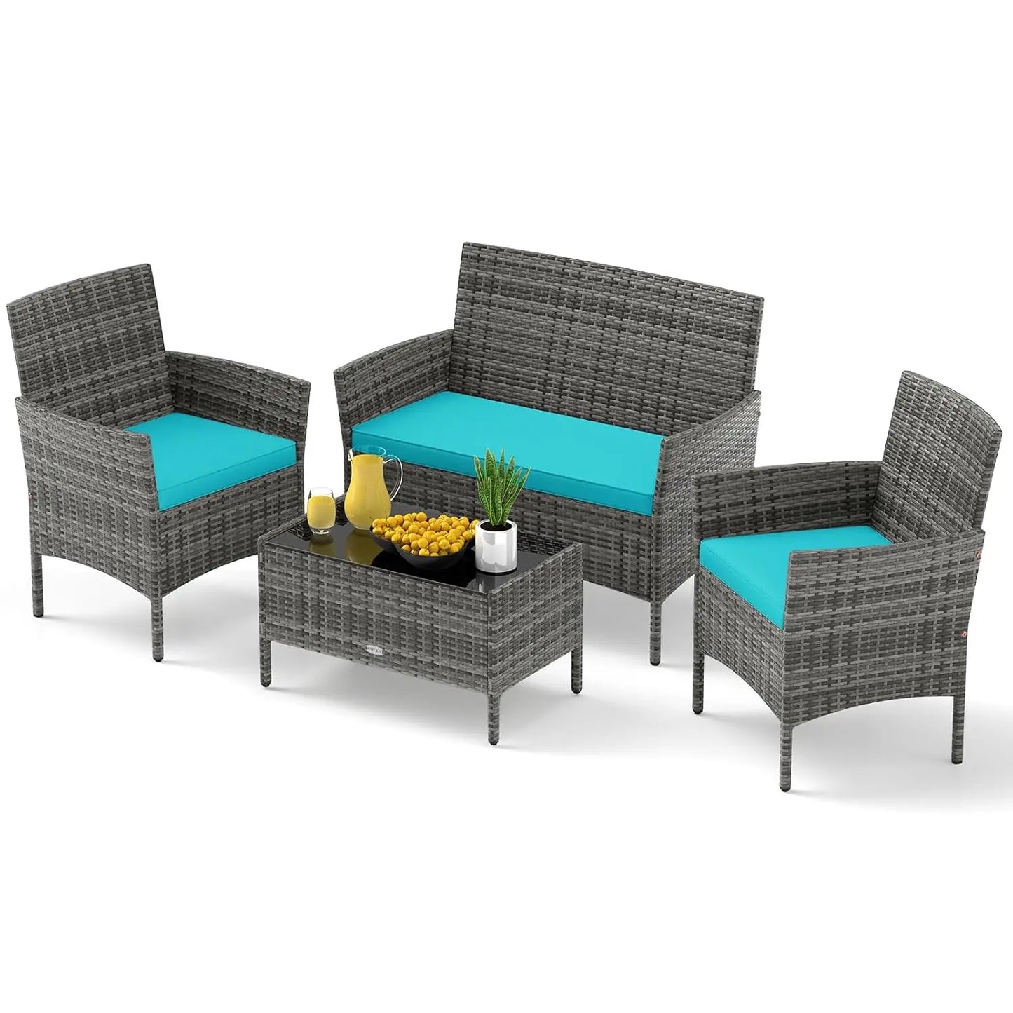 Rattan Outdoor Patio Conversation Set With Cushions And Glass Coffee Table