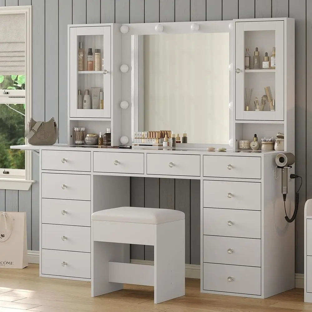 LED Illuminated Makeup Vanity Desk With Power Outlet Storage Drawers