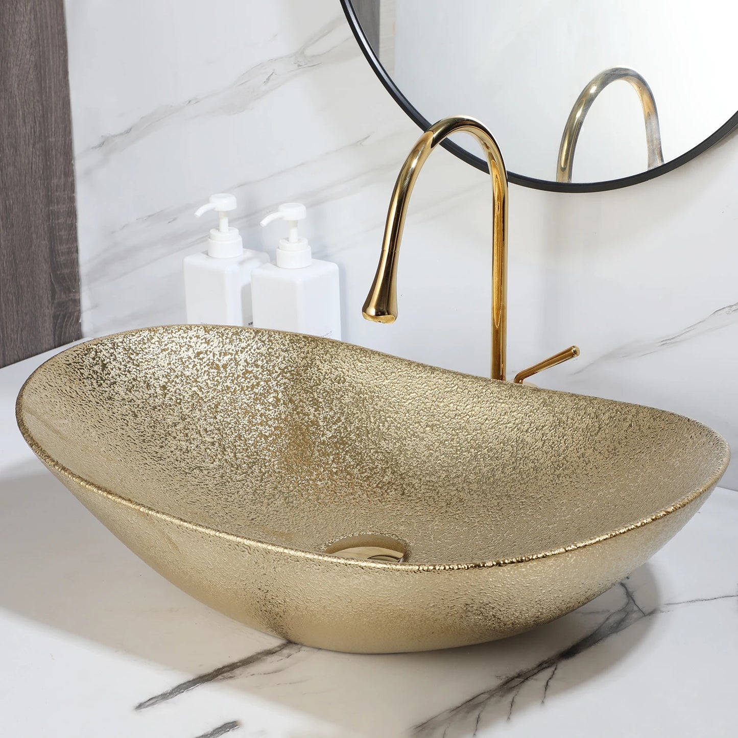 MEKKHALA KEMAIDI Vessel Sink Faucet And Drain Set Oval Ceramic