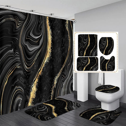 Shower Curtain Set With Toilet Lid Cover And Bath Rugs