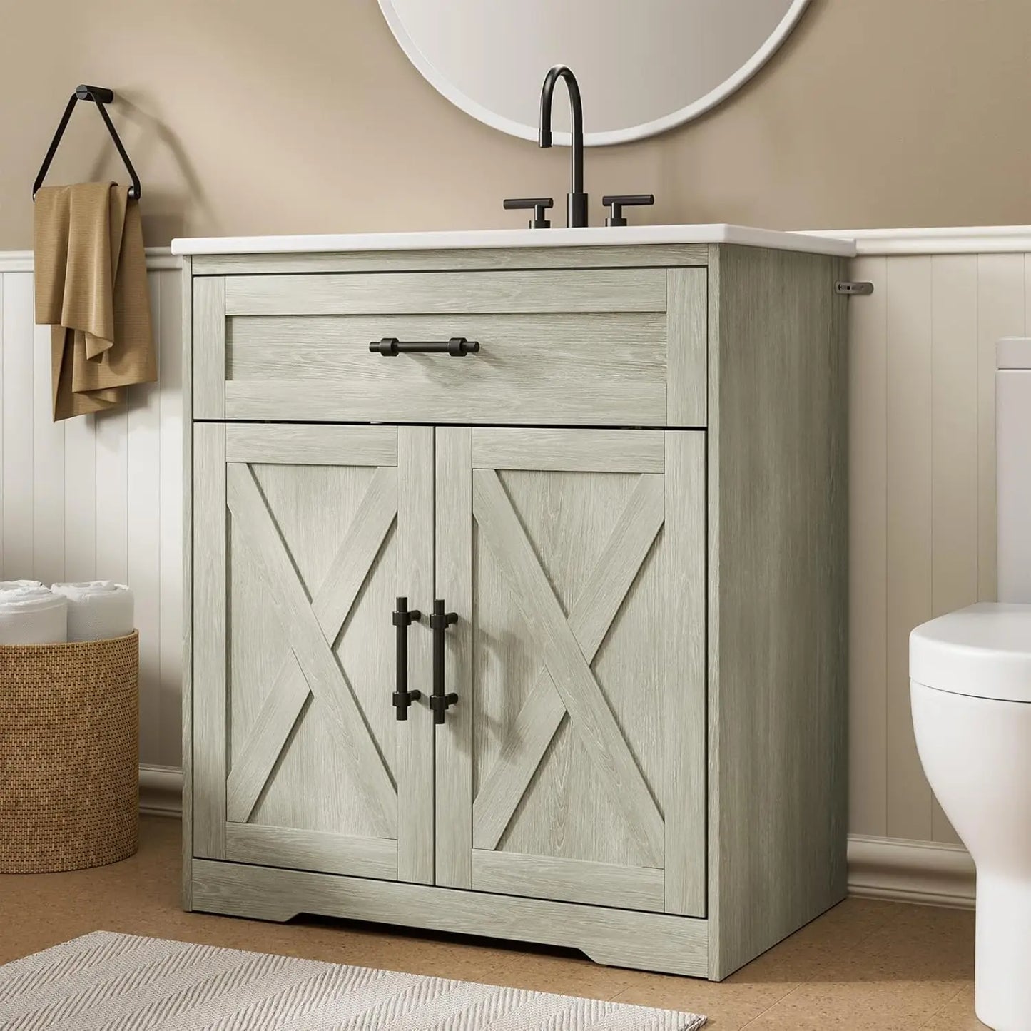 Amada Farmhouse Bathroom Vanity With Ceramic Sink And Shaker Cabinet