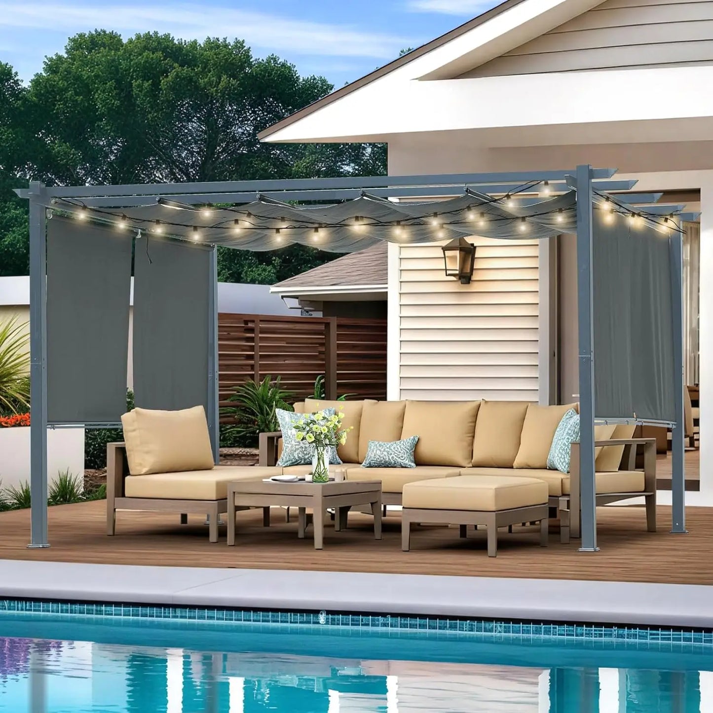 DUOFU Aluminum Frame Retractable Canopy Pergola With Roller Curtains