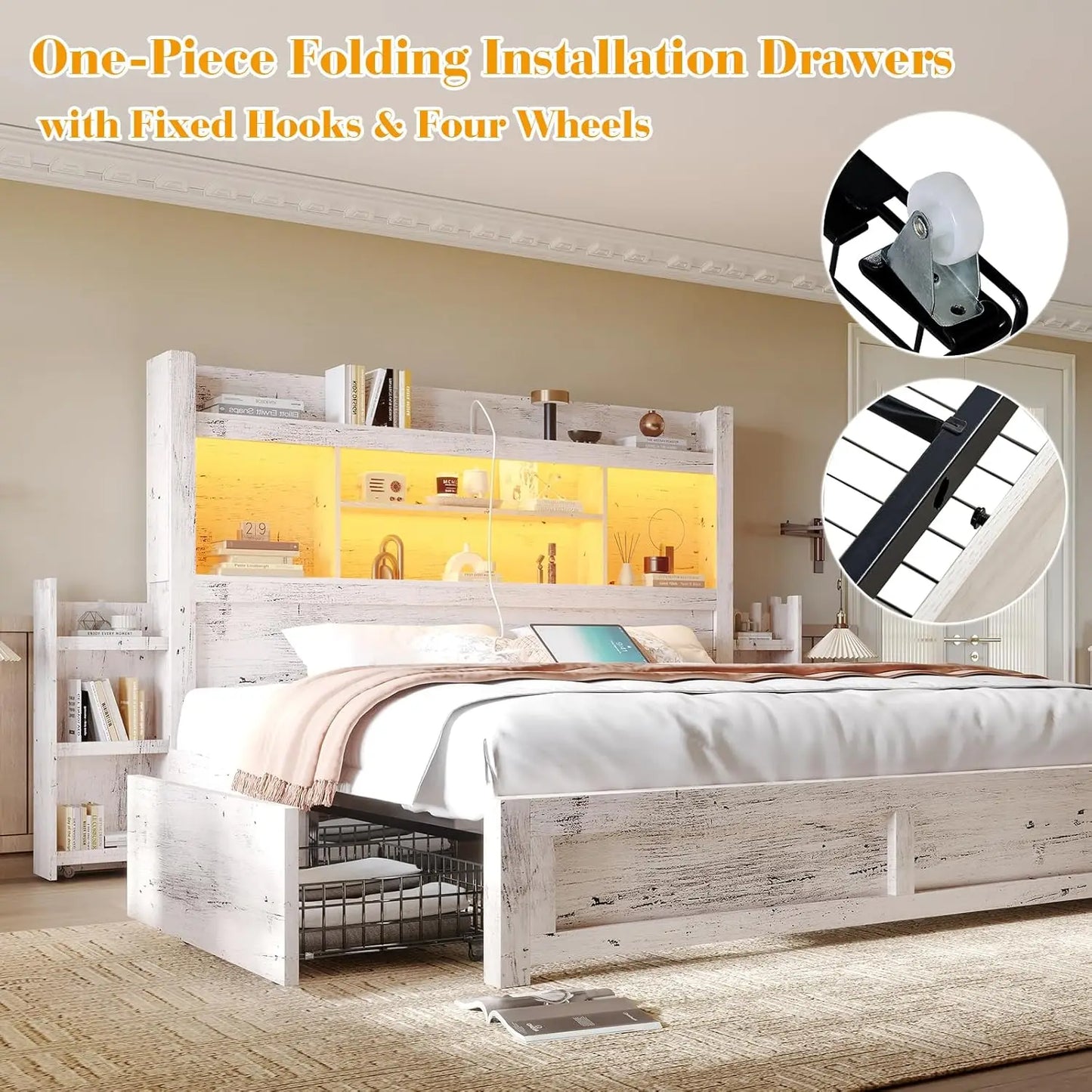 Bed Frame With Bookcase Headboard Farmhouse Wood Detachable Storage Drawers