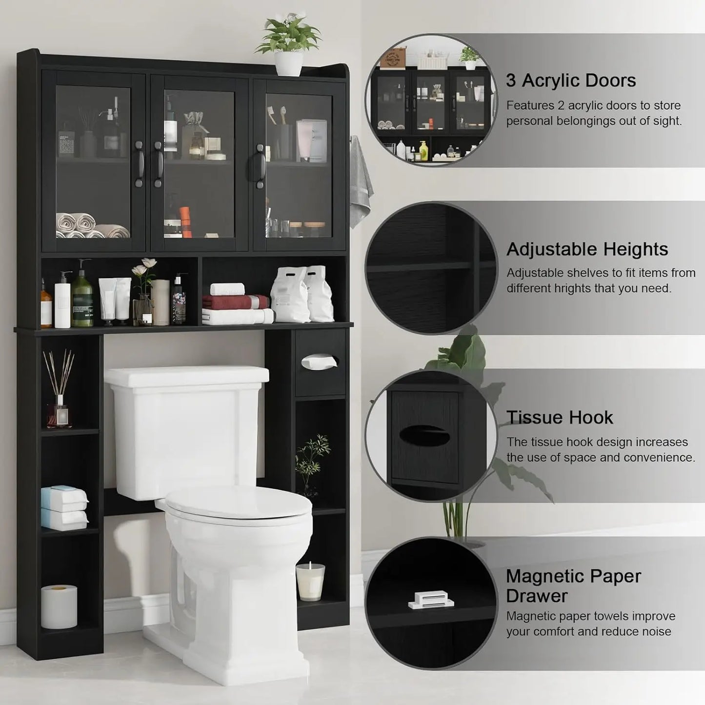Space Saving Over Toilet Storage Rack With Adjustable Glass Doors