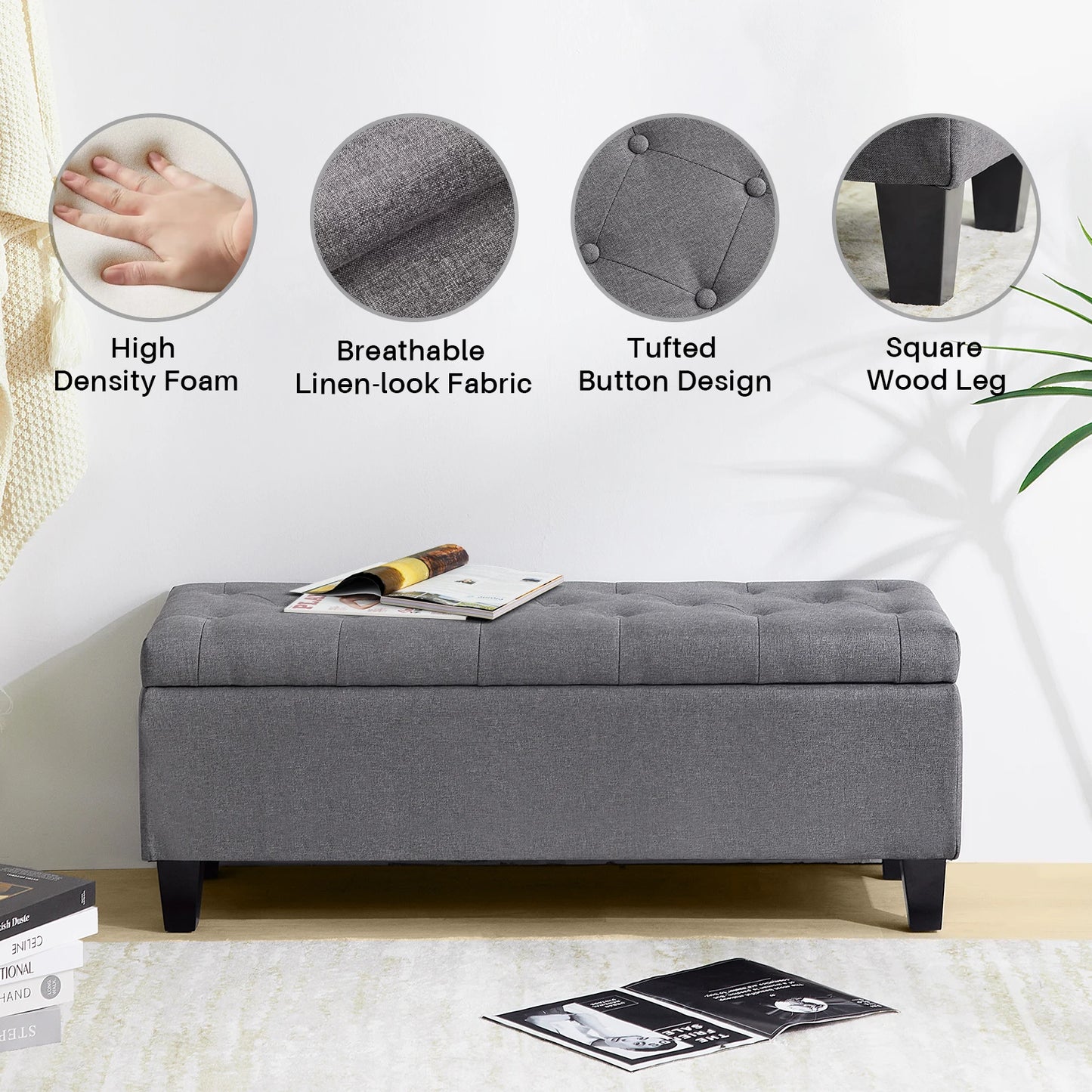Storage Ottoman Bench With Tufted Surface And Flip Lid Hinge
