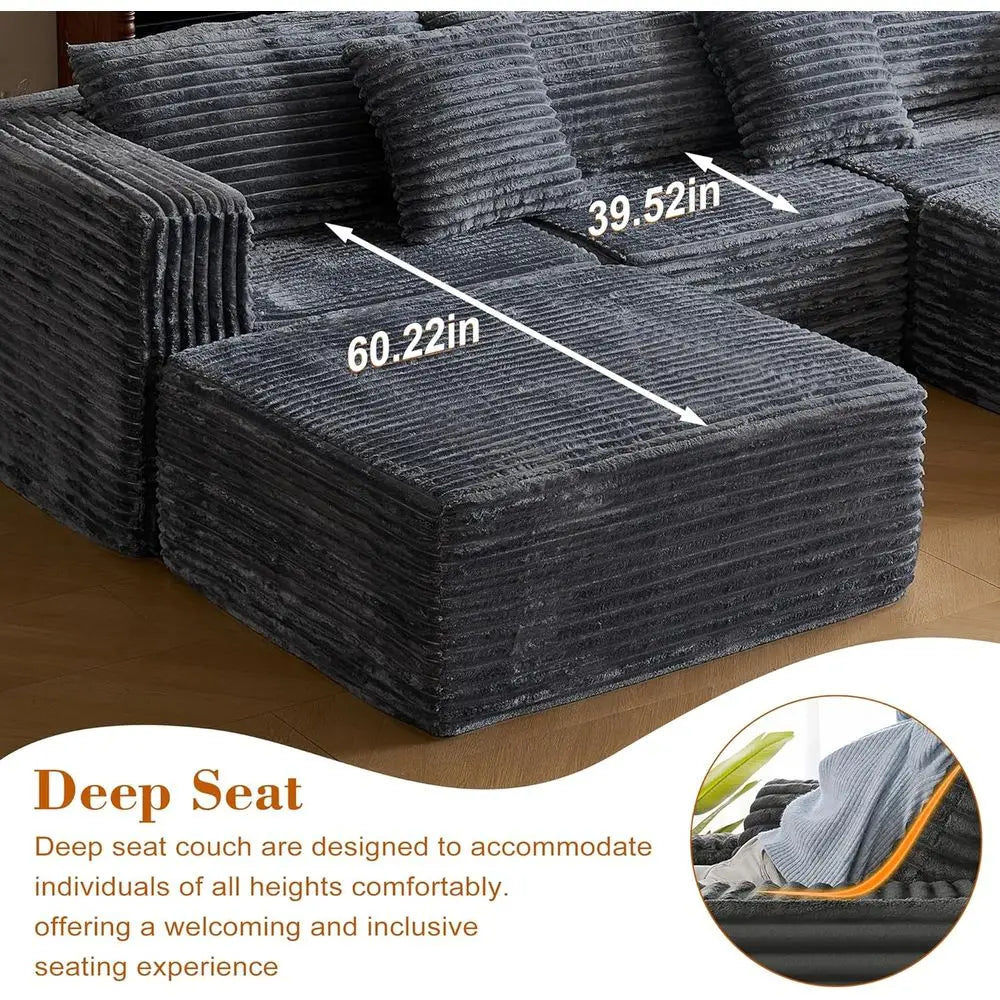 Corduroy Sectional Sofa With Two Ottomans Convertible Cloud Couch