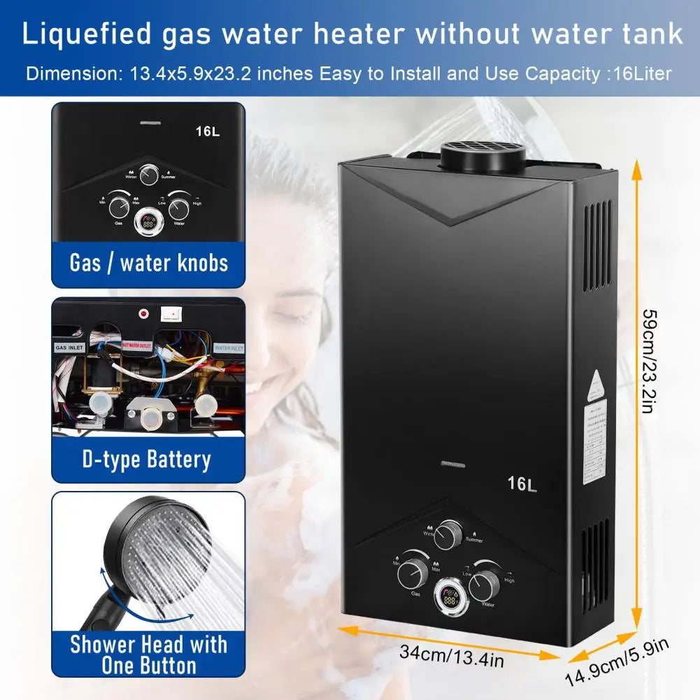 Outdoor Portable Gas Hot Water Heaters Tankless Water Heaters 4.21GPM 16L Fast Constant Temperature Water Heaters with Digital