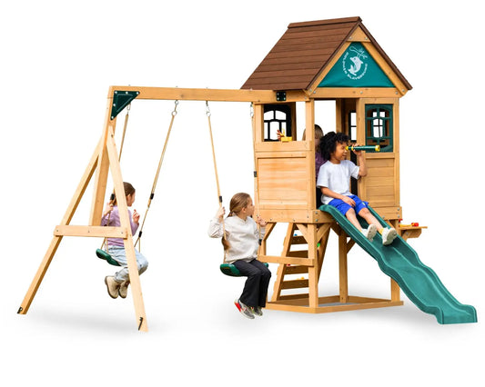 Cedar Wood Outdoor Kids Swing Set With Wave Slide Backyard