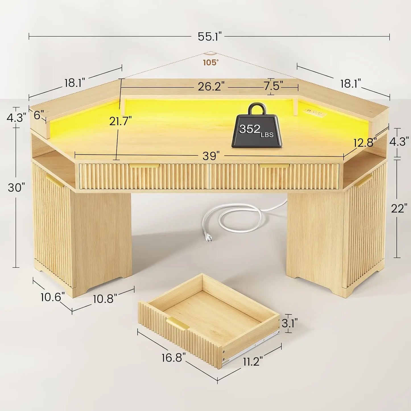 MOYU Computer Desk With Drawers And LED Gaming Setup