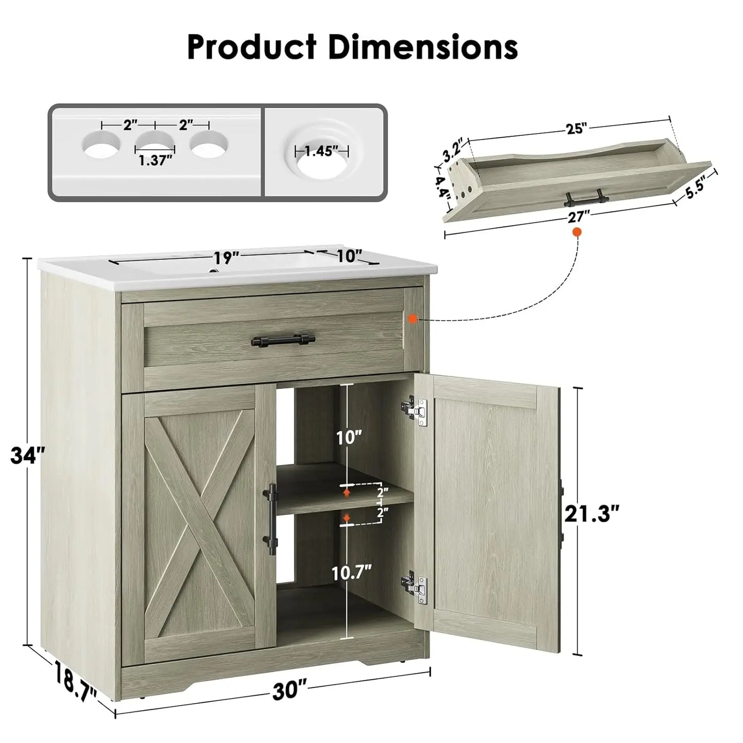 Amada Farmhouse Bathroom Vanity With Ceramic Sink And Shaker Cabinet