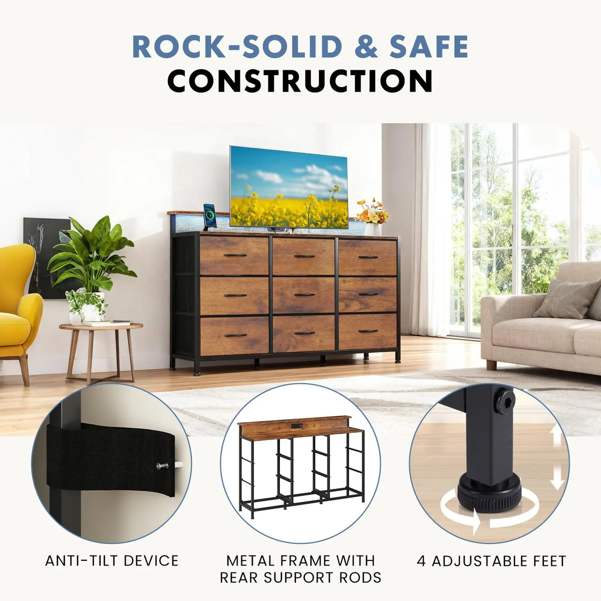 JHK Modern Media Console With Fabric Drawers And Wood Top