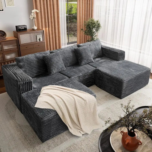 Corduroy Sectional Sofa With Two Ottomans Convertible Cloud Couch