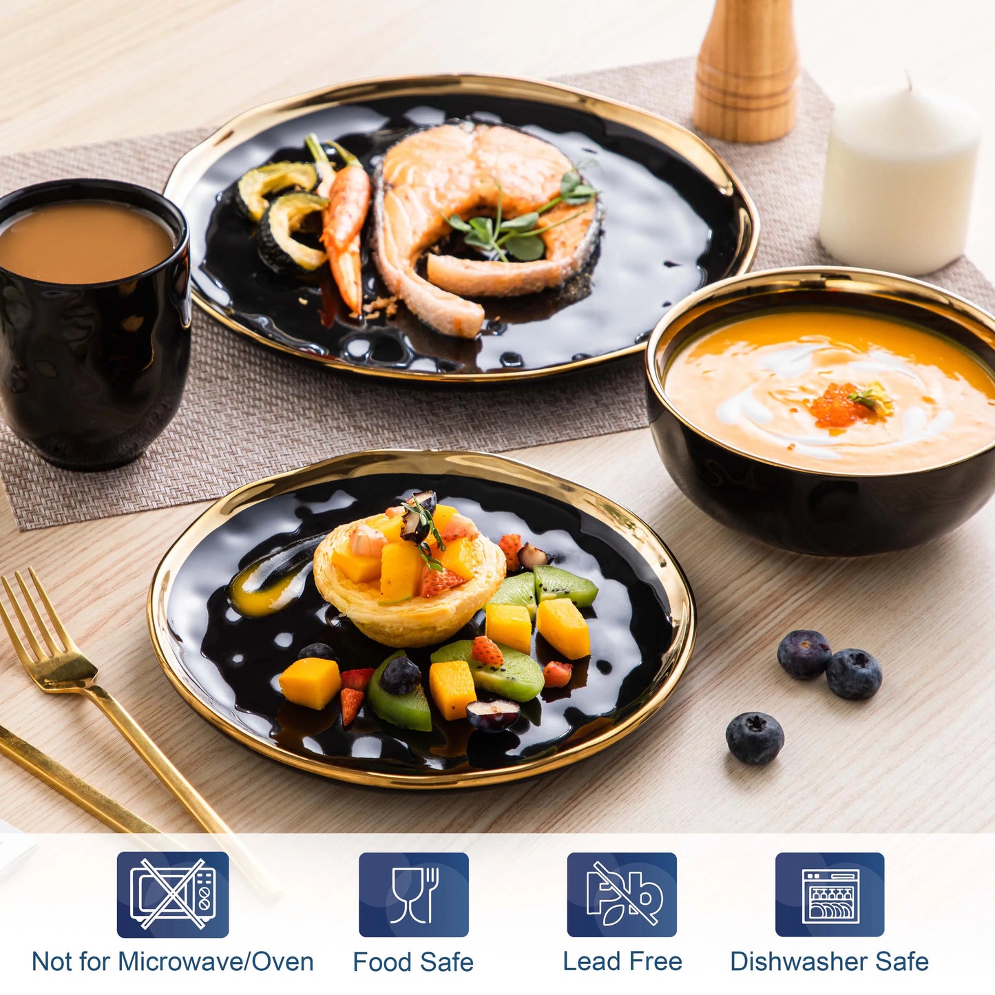MALACASA Porcelain Dinnerware Set With Gold Trim Plates Cups Bowls