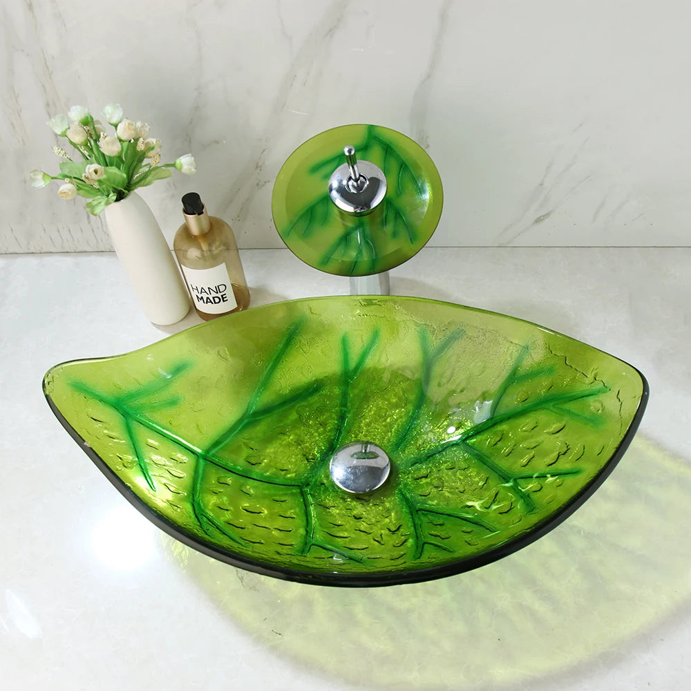 YANKSMART Leaf Shape Glass Vessel Sink With Waterfall Faucet