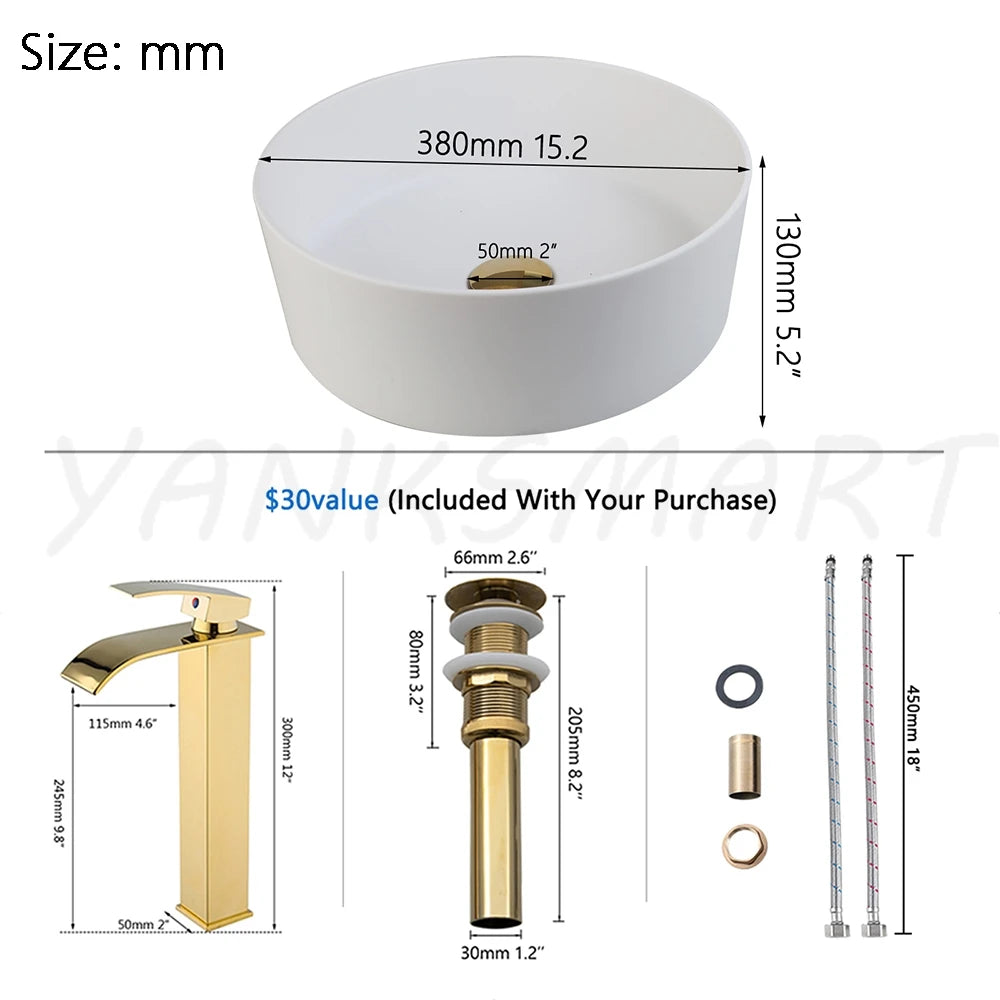 YANKSMART Artificial Stone Bathroom Vessel Sink with Waterfall Faucet