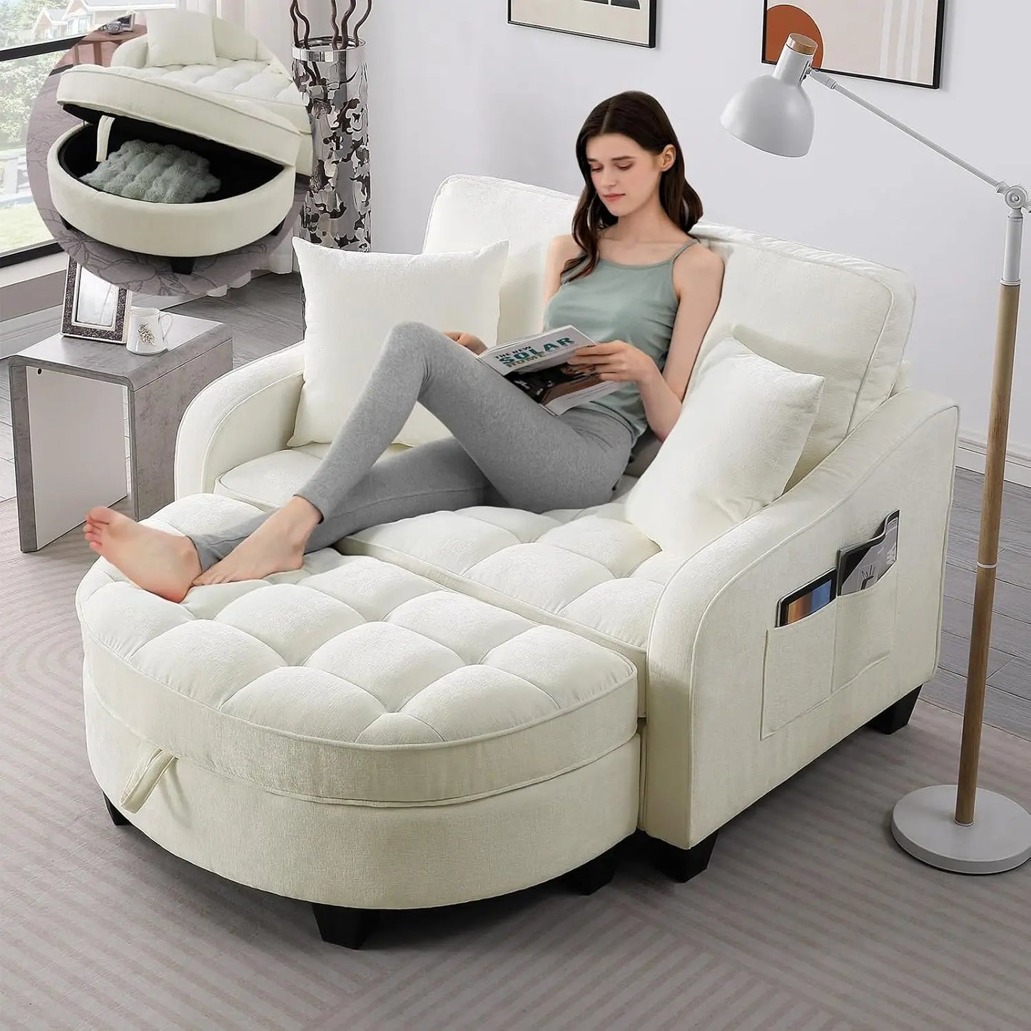Oversized Curved Chaise Lounge Chair With Ottoman Indoor Soft Chenille