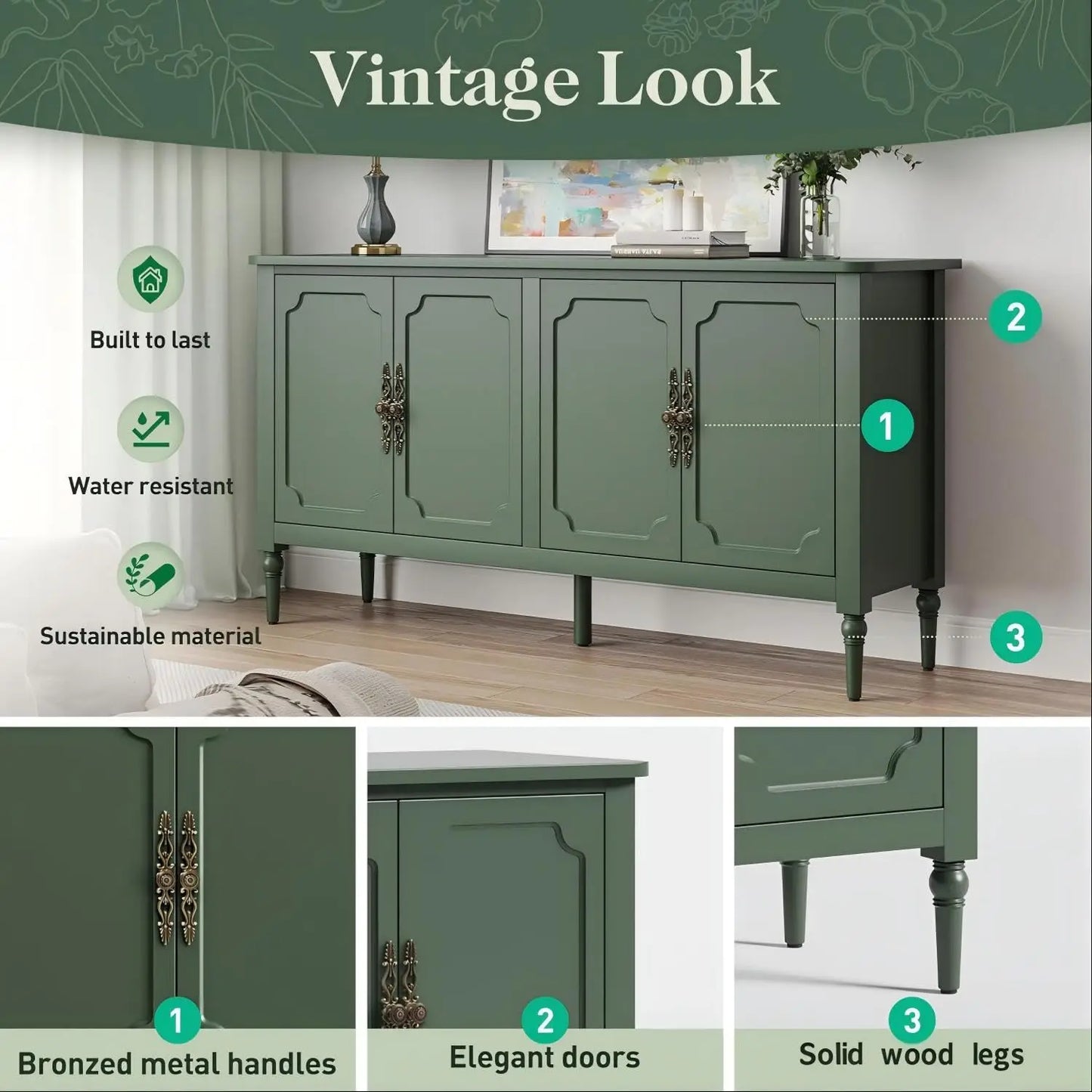 Modern Sideboard Buffet Cabinet With Adjustable Shelves And Carved Handle