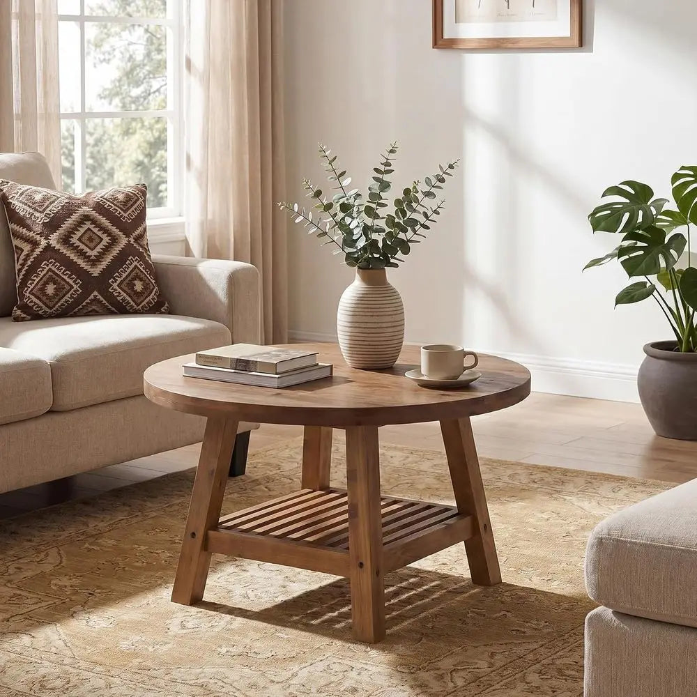 Solid Wood Round Coffee Table With Storage 2-Tier Living Room