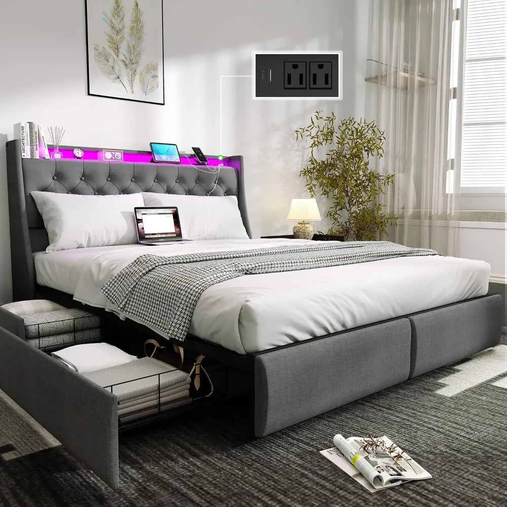 Bed Frame With Storage Drawers And Led Lights Upholstered Headboard