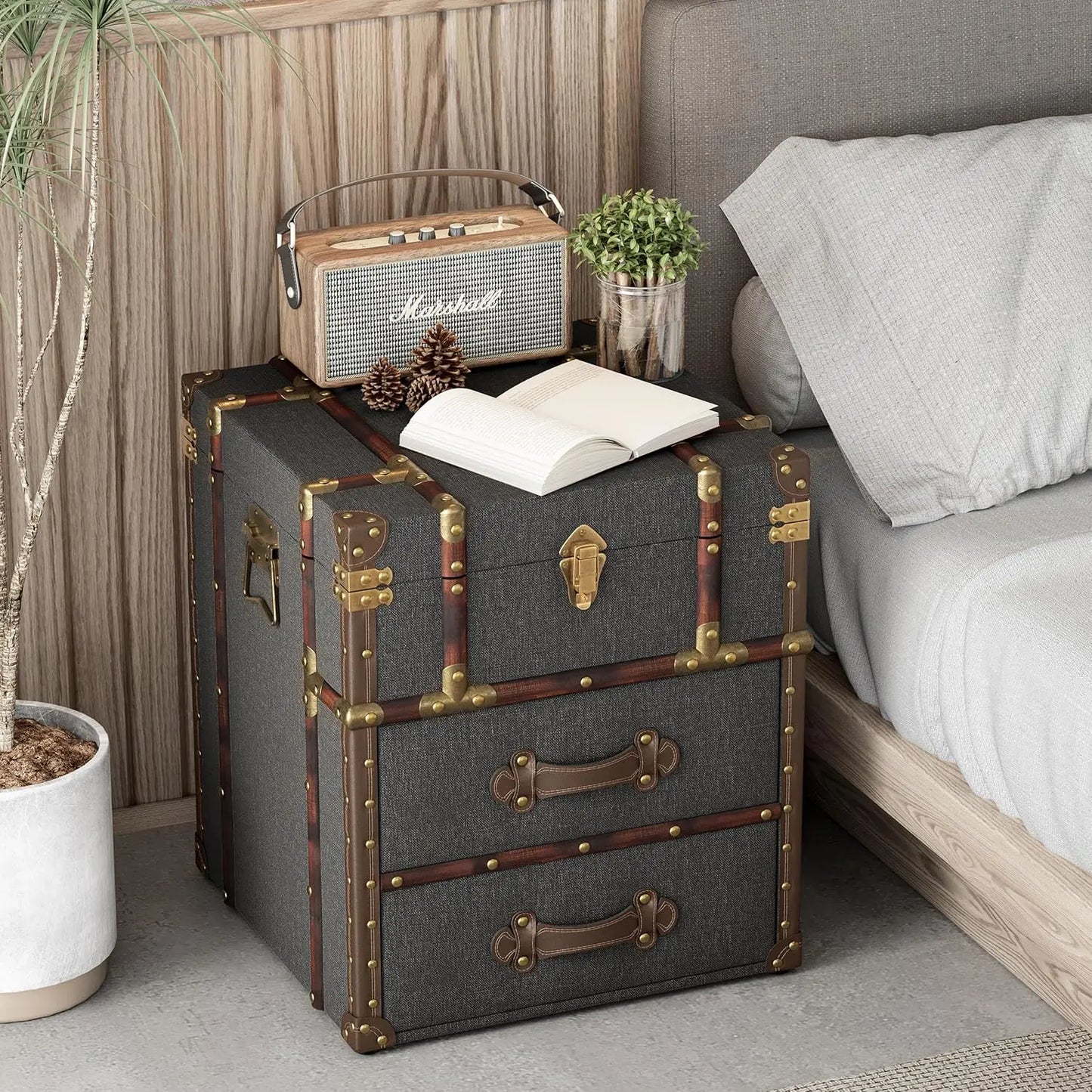 XIAOLANG Vintage Storage Chest With Buckle Hinged Top End Table