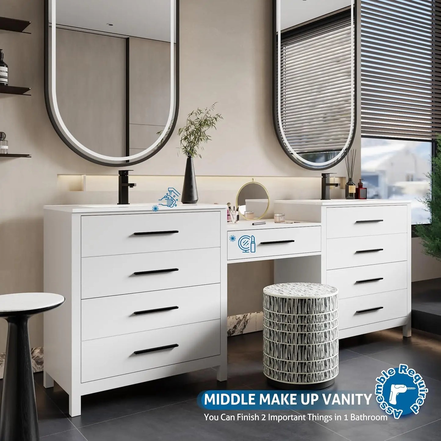 Modern Bathroom Vanity Sink Combo With Makeup Desk And Dual Faucets