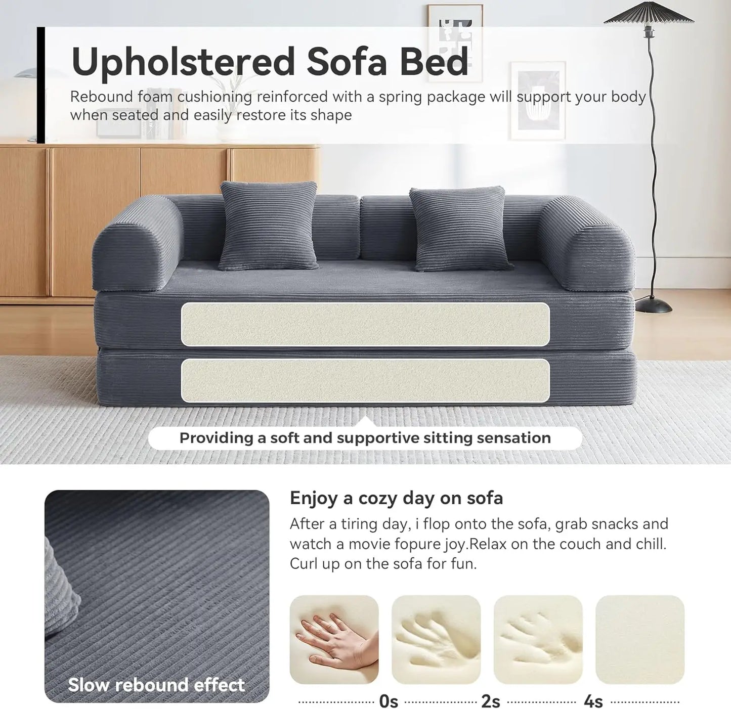OIMG Corduroy Sleeper Sofa Bed With Fixed Frame And Mattress