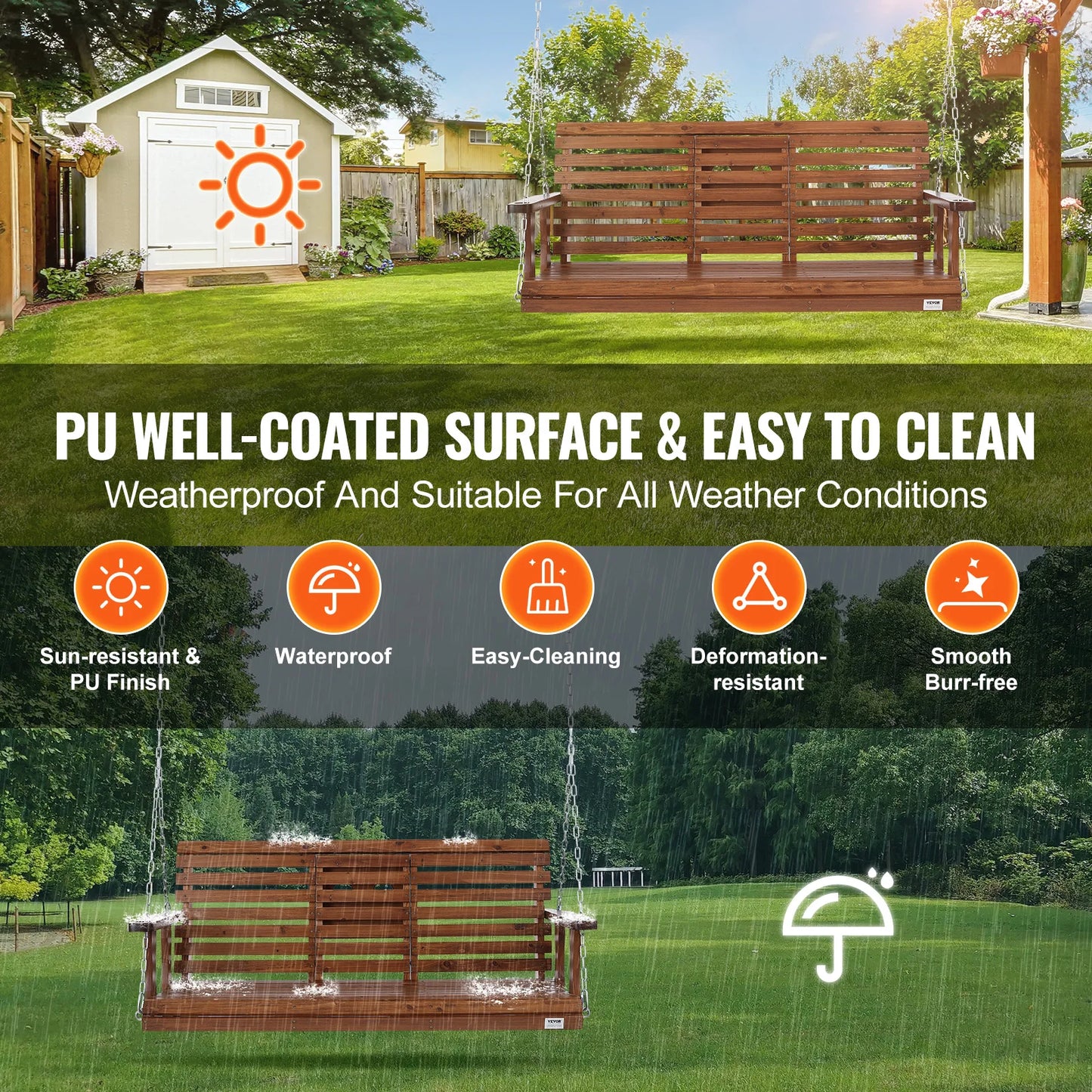 SucceBuy Wooden Porch Swing Outdoor Patio Bench Garden 880 Lbs