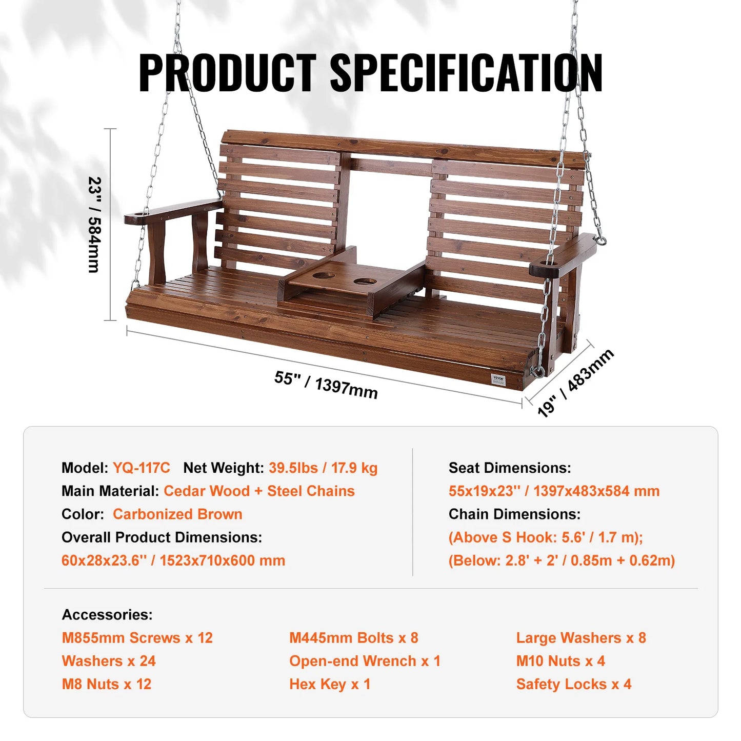 SucceBuy Wooden Porch Swing Outdoor Patio Bench Garden 880 Lbs