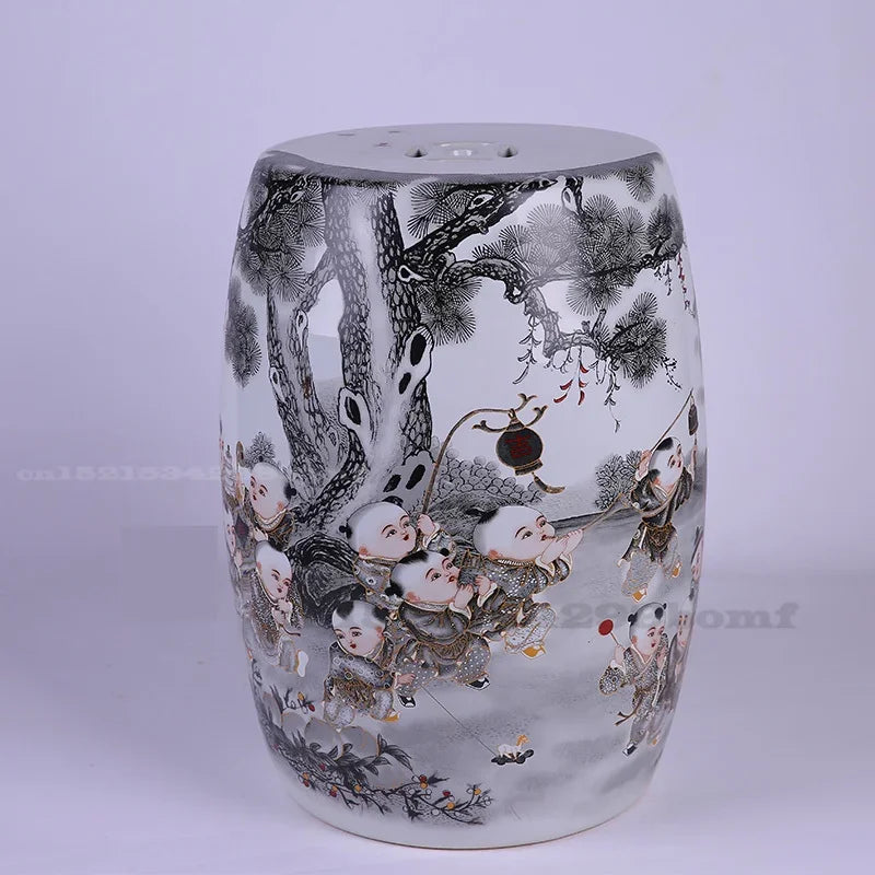 Chinese Style Fish Painting Porcelain Drum Garden Stool Decor Antique