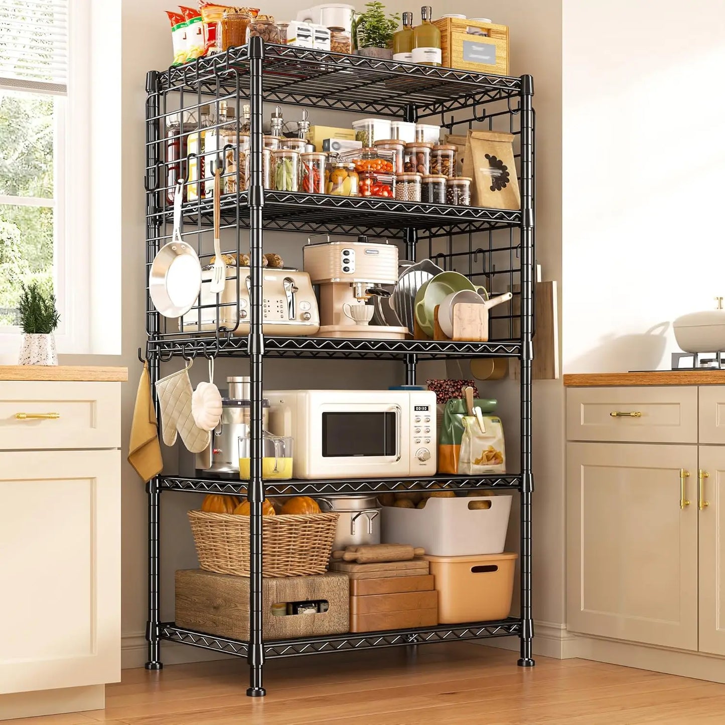 5 Tier Metal Shelving With Side Hanging Net Hooks Kitchen