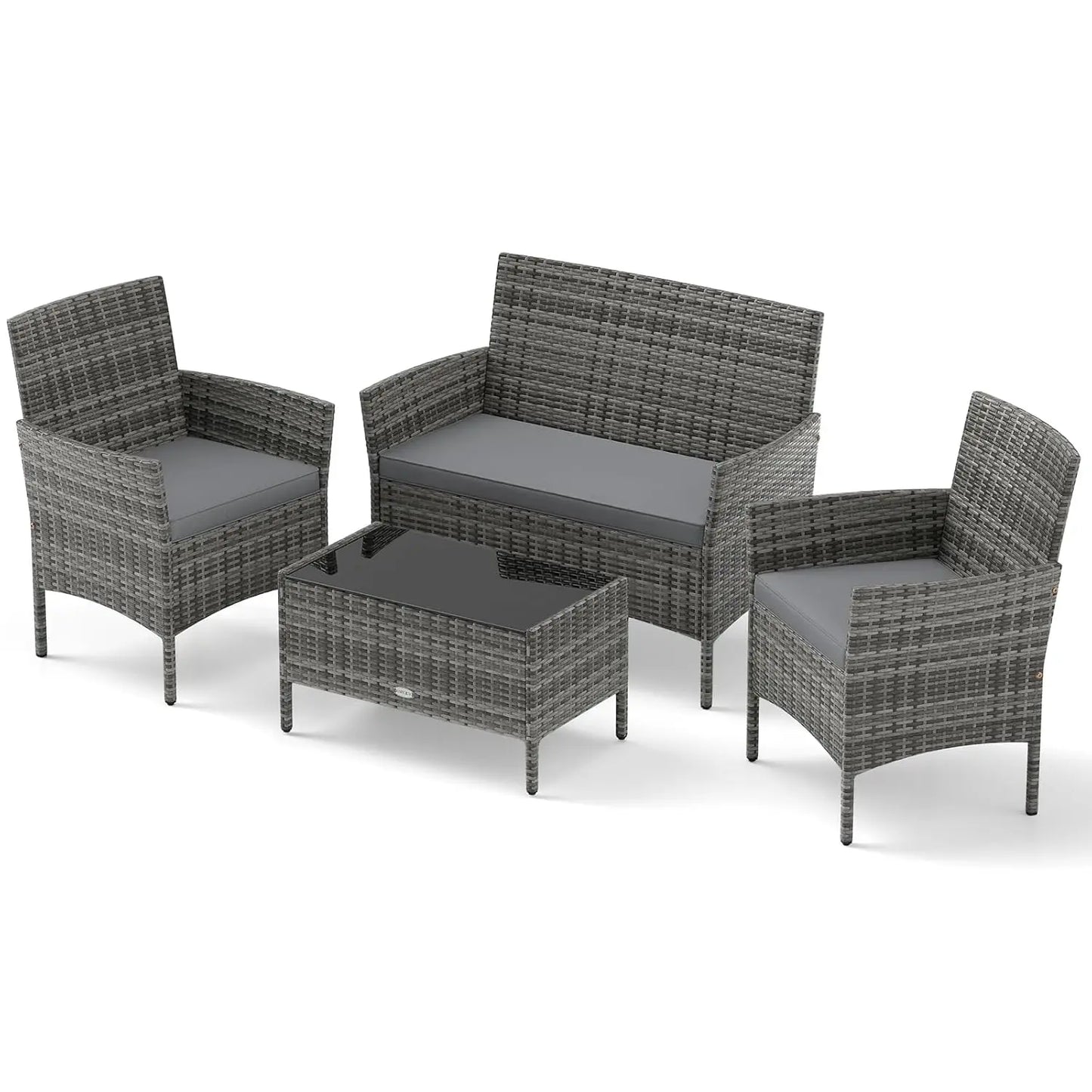 Rattan Outdoor Patio Conversation Set With Cushions And Glass Coffee Table