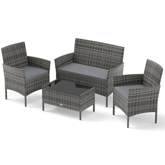 Rattan Outdoor Patio Conversation Set With Cushions And Glass Coffee Table
