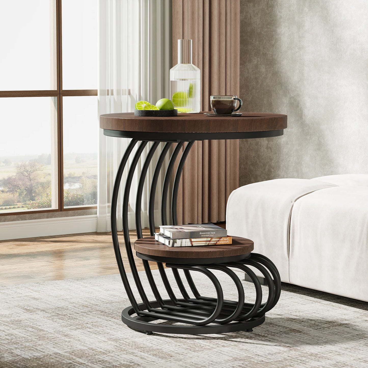Tribesigns Round End Table 2 Tiers Faux Marble Shelf