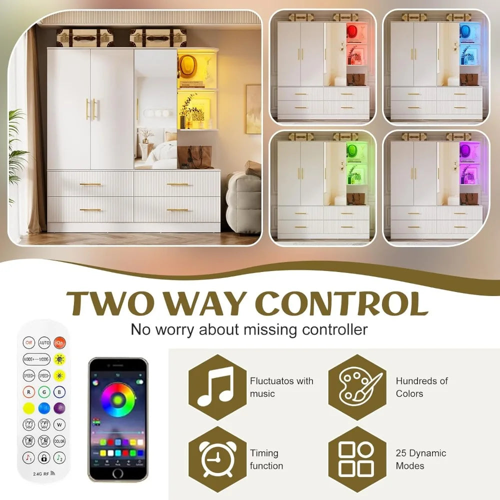 Armoire Wardrobe With Drawers Mirror LED Light Hanging Rod