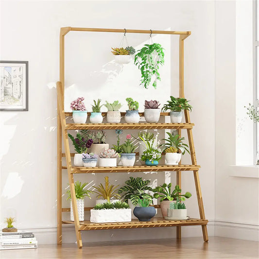 Bamboo Folding Plant Stand 3 Tier For Indoor And Outdoor Use