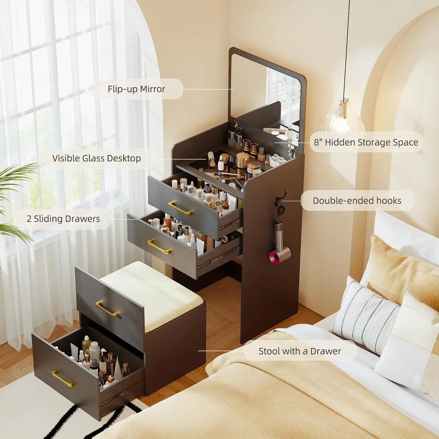 3-in-1 Vanity Desk With Flip Mirror Glass Desktop Premium