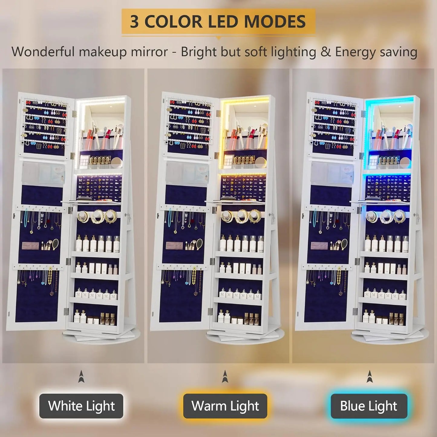 LED Jewelry Armoire With Lockable Mirror 360 Degree Rotation