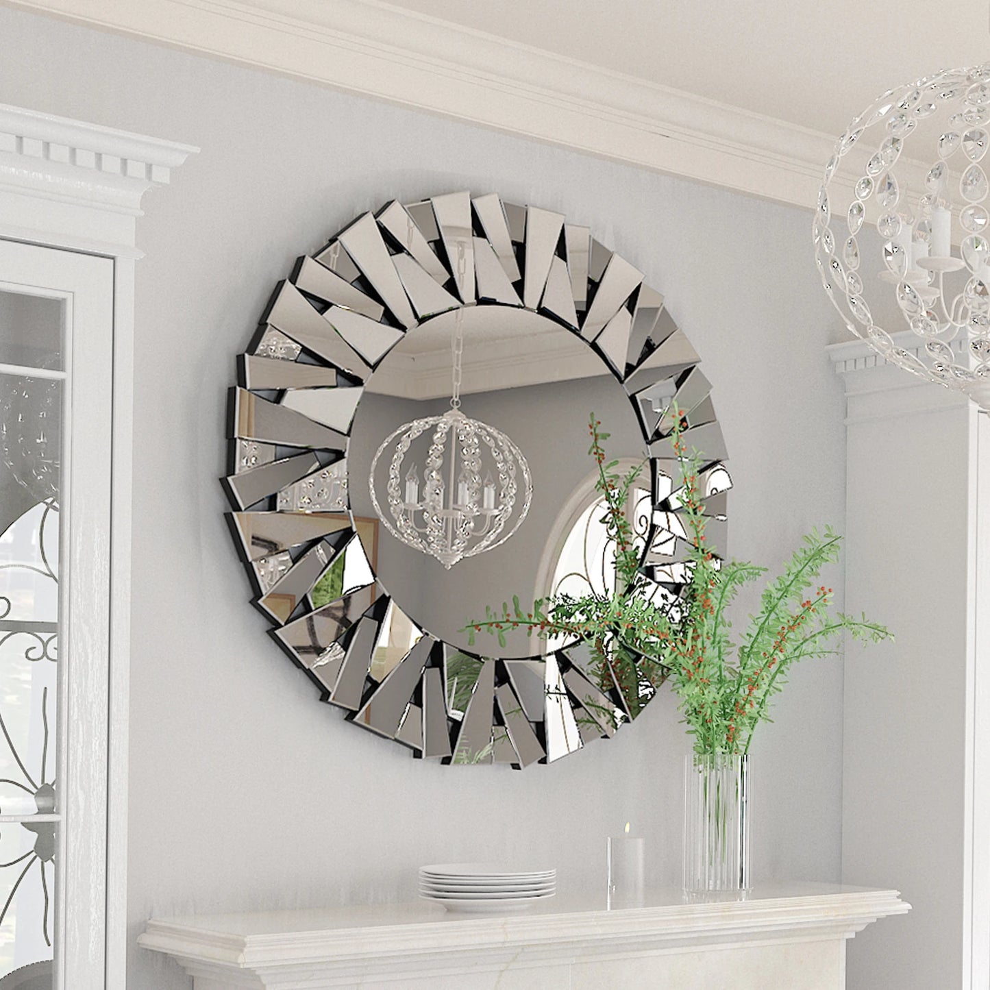 Sunburst Round Wall Mirror Beveled Glass Modern Silver Accent