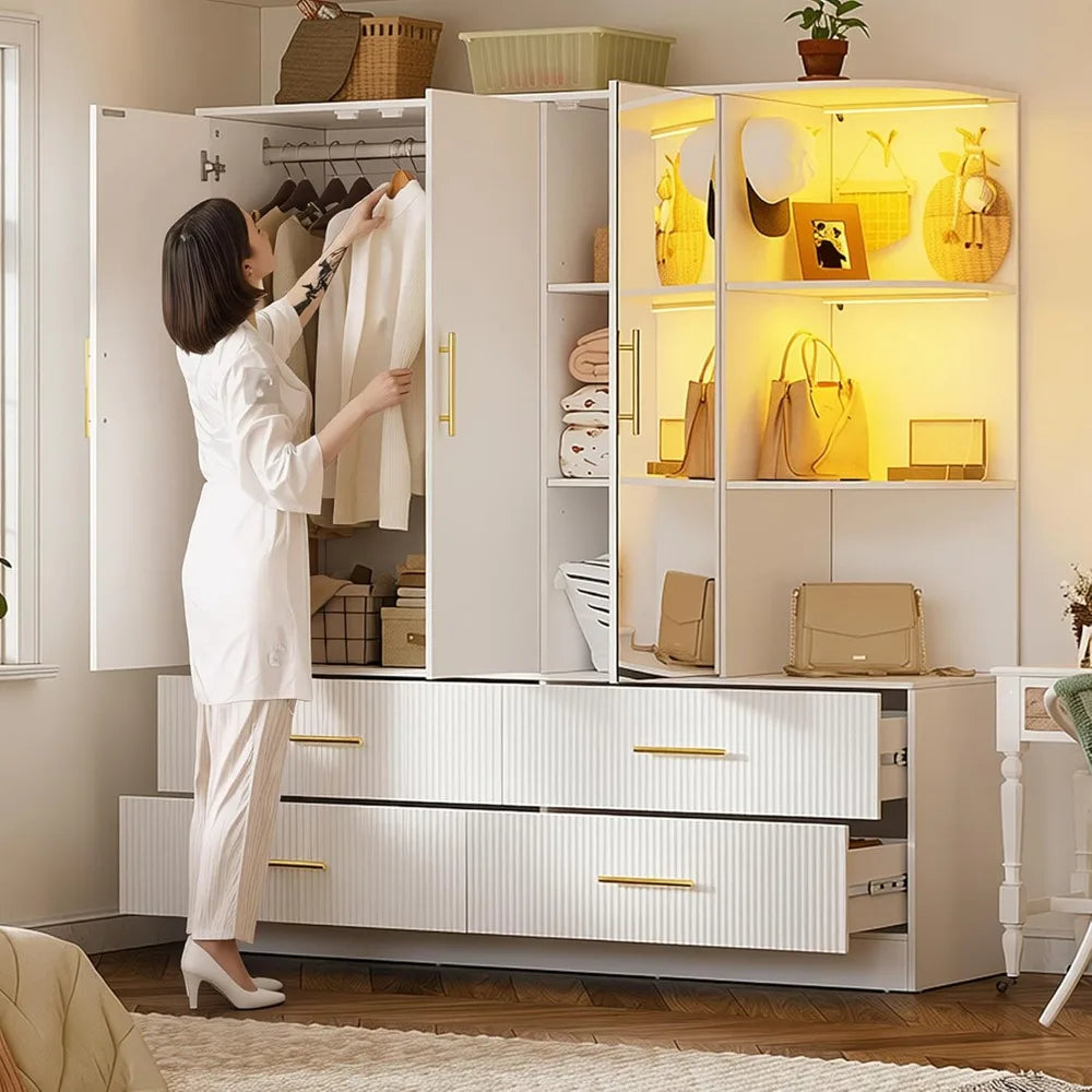 Armoire Wardrobe With Drawers Mirror LED Light Hanging Rod