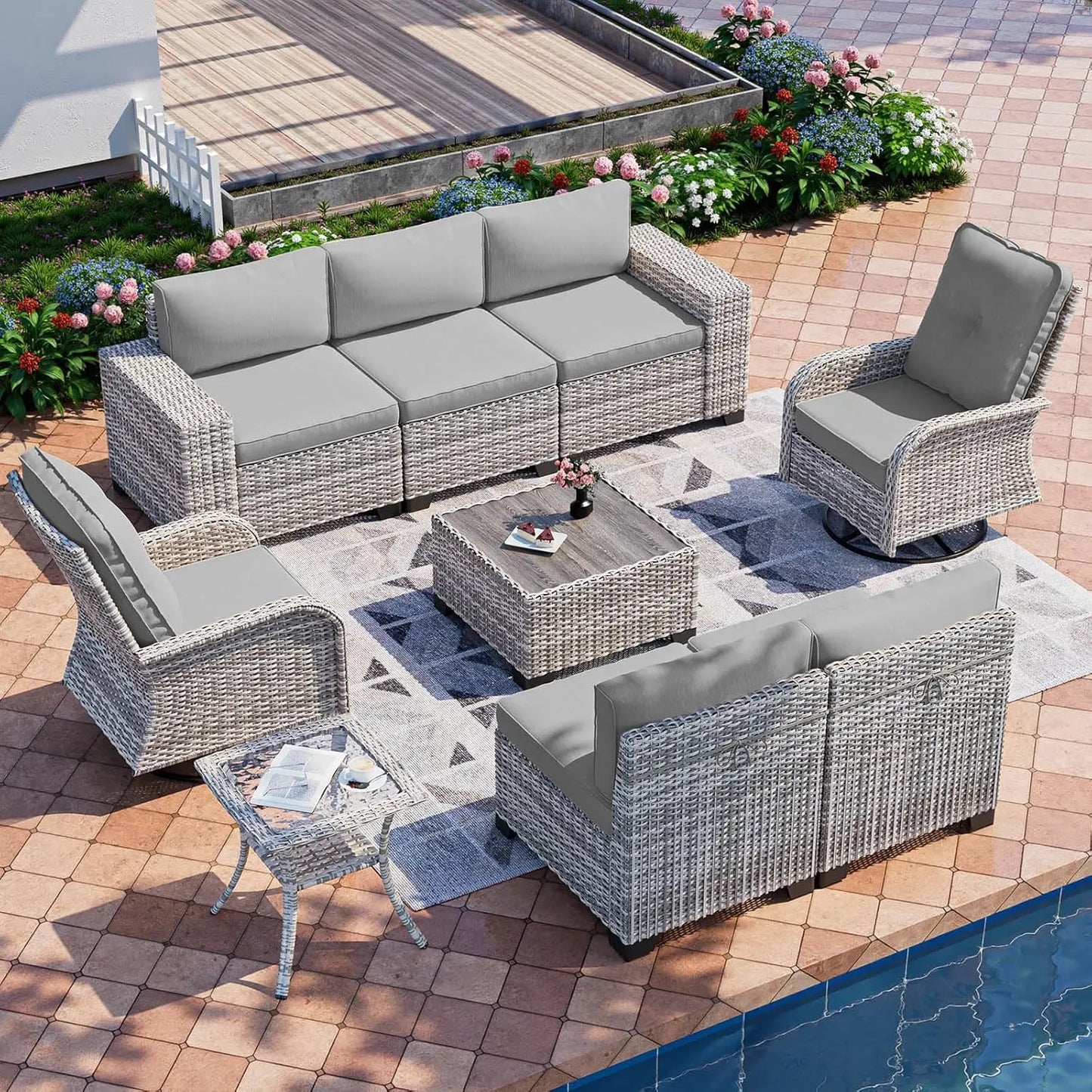 Outdoor 9 Piece Rattan Patio Furniture Set With Rocking Swivel Chairs