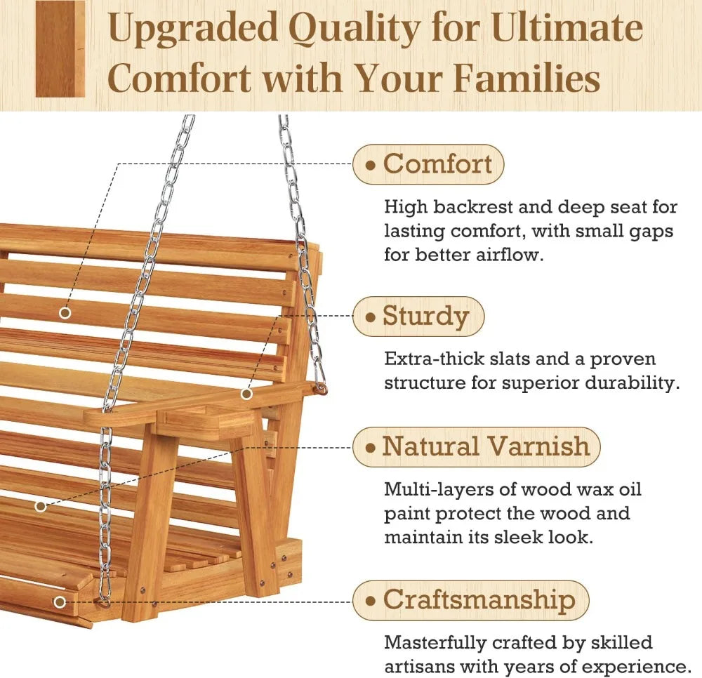 Wooden Porch Swing With Cup Holders For Outdoor Garden
