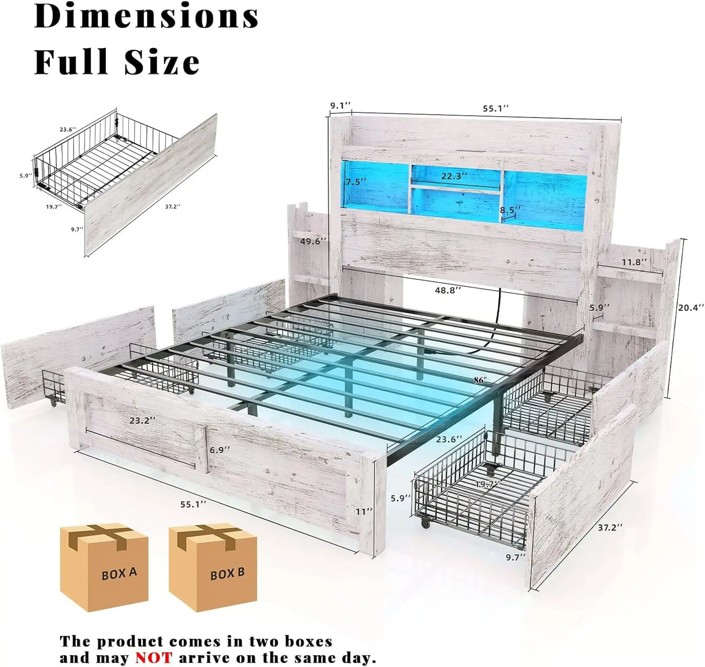 Bed Frame With Bookcase Headboard Farmhouse Wood Detachable Storage Drawers