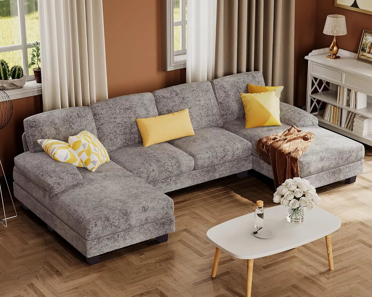 Combination U Shaped Sectional Sofa Linen Fabric Chaise 4 Seat