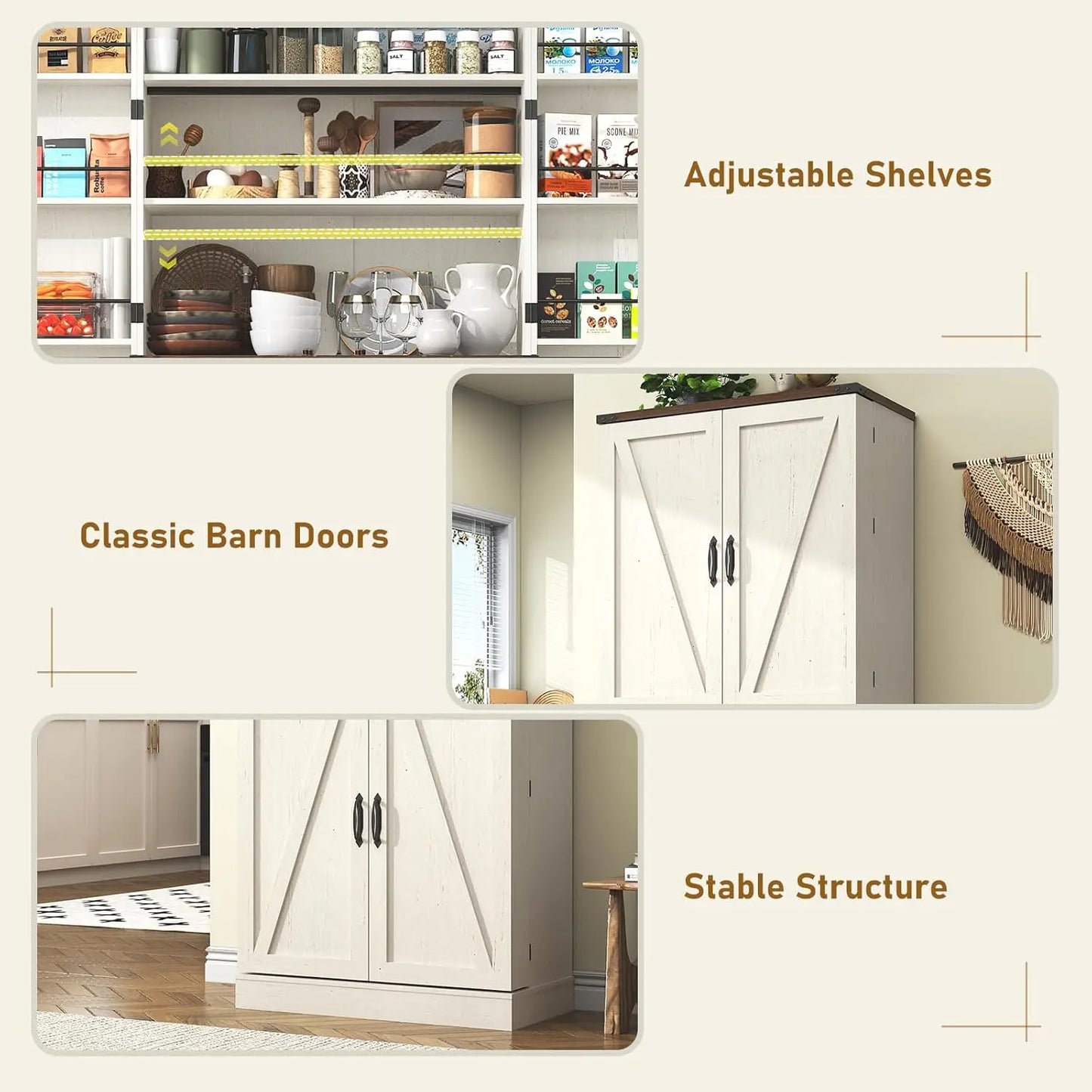 Farmhouse Kitchen Pantry Cabinet With Adjustable Shelves And Barn Doors